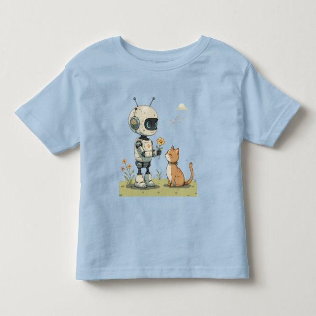 Sött Robot Ger Blomma till Katt Härlig Barnkonst T Shirt (Framsida)