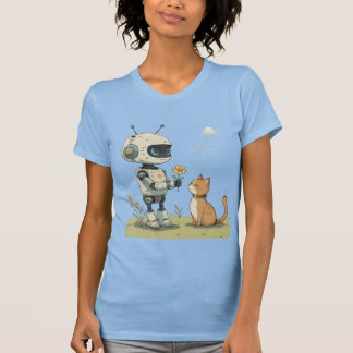 Sött Robot Ger Blomma till Katt Härlig Barnkonst T Shirt