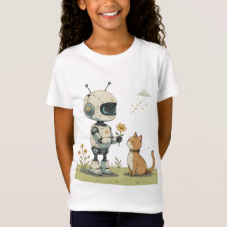 Sött Robot Ger Blomma till Katt Härlig Barnkonst T Shirt