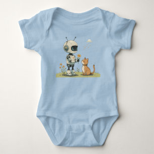 Sött Robot Ger Blomma till Katt Härlig Barnkonst T Shirt