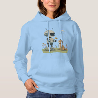 Sött Robot Ger Blomma till Katt Härlig Barnkonst T Shirt