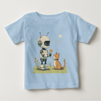 Sött Robot Ger Blomma till Katt Härlig Barnkonst T Shirt