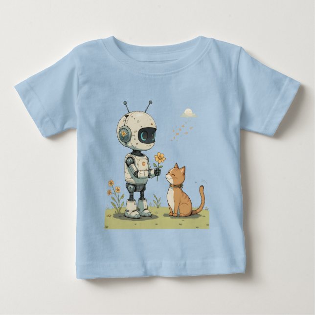 Sött Robot Ger Blomma till Katt Härlig Barnkonst T Shirt (Framsida)