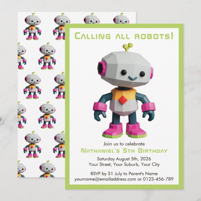 Sött Roligt Robot Barnkalas Inbjudningar (Fram/baksida)