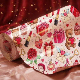 Sött Romantiskt Rött & Rosa Akvarell Kärleksmönste Presentpapper