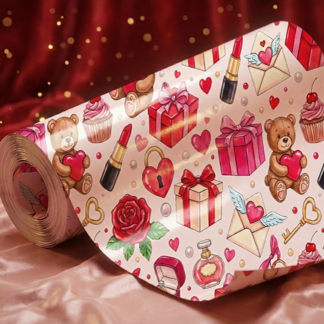 Sött Romantiskt Rött & Rosa Akvarell Kärleksmönste Presentpapper (Skapare uppladdad)