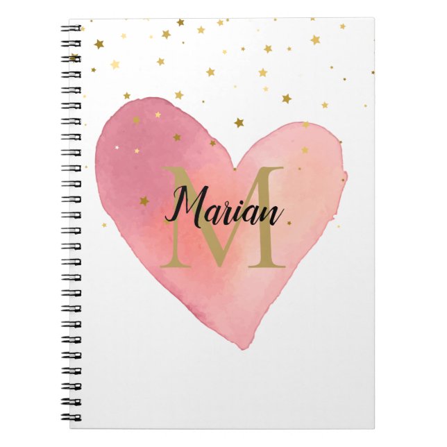 Sött Rosa Akvarellhjärta Monogramnamn Anteckningsbok (Framsidan)