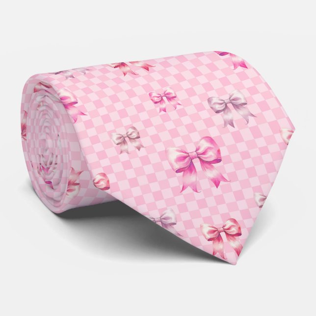 Sött Rosa Band och Rutigt Sött Flickaktigt Mönster Slips (Rullad)
