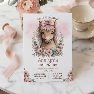 Sött Rosa Blommigt Häst 1-årsdag Inbjudningar