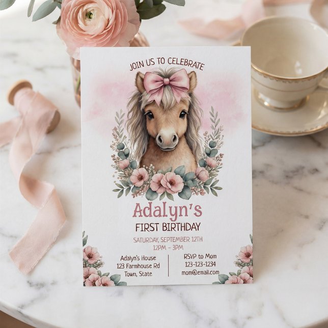 Sött Rosa Blommigt Häst 1-årsdag Inbjudningar (Skapare uppladdad)