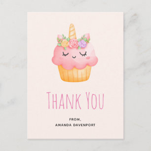 Sött Rosa Cupcake Enhörning med Rosor Tack Vykort