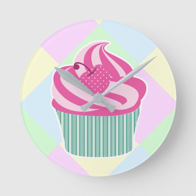 Sött rosa cupcakes i pastellfärger rund klocka (Framsida)