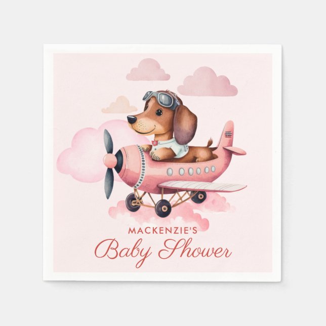 Sött  Rosa Dachshund Flygplan Girl Baby Shower Pappersservett (Framsidan)