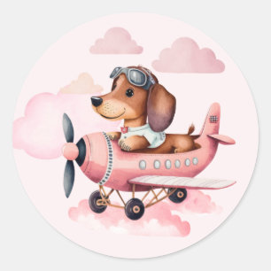 Sött Rosa Dachshund Flygplan Girl Baby Shower Runt Klistermärke