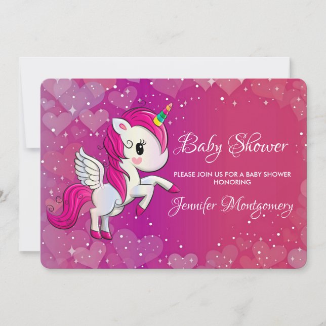 Sött rosa enhörning med vingar Baby Shower Inbjudningar (Framsida)