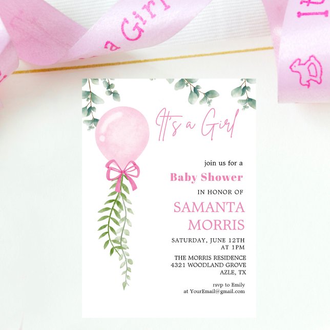 sött Rosa eukalyptus Ballong Det är Flicka Bebis B Inbjudningar (Skapare uppladdad)