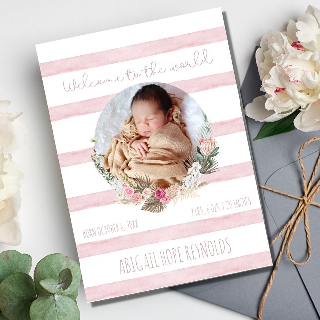 Sött Rosa Flicka Birth Foto Announcement (Sweet Pink Baby Girl Birth Photo Announcement)