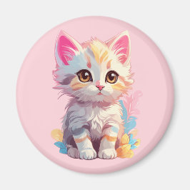 Sött Rosa Gult Kawaii Kattunge Magnet