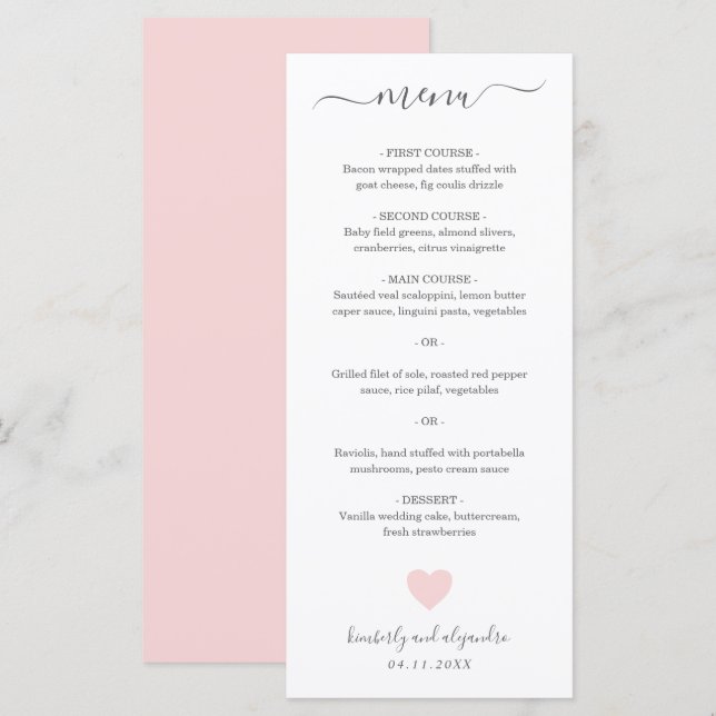 Sött Rosa Hjärtbröllop Meny (Fram/baksida)