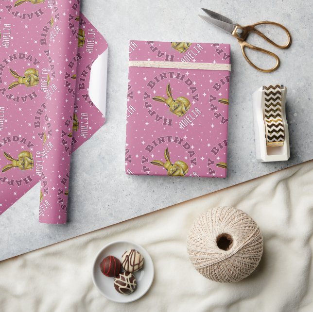 Sött Rosa Kanin Stjärnor Mönster Namn Presentpapper (Hantverk)