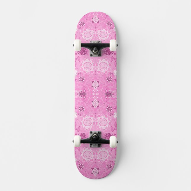 Sött rosa modernt blommönster mini skateboard bräda 18,5 cm (Framsida)