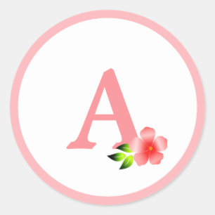 Sött rosa monogram och blomma runt klistermärke