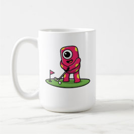 Sött rosa monster med ett öga som spelar golf i te kaffemugg