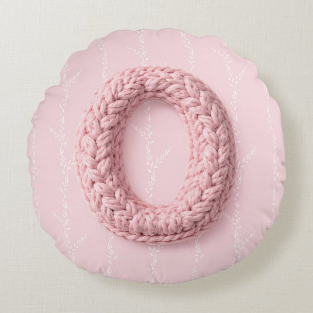 Sött rosa O monogram stickad bokstav boho Rund Kudde (Framsidan)