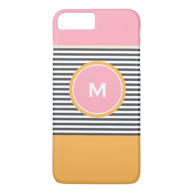 Sött rosa orange preppy-randigt mönster monogram Case-Mate iPhone skal (Baksida)