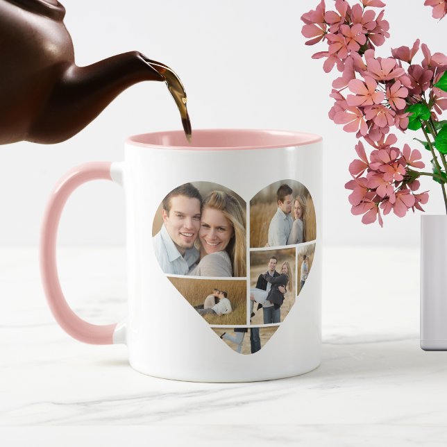 Sött Rosa Personligt Kärlekshjärta Fotokollage Mugg (Custom photo collage mug)