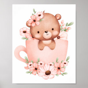 Sött rosa teddybjörn i en kopp med blommor poster
