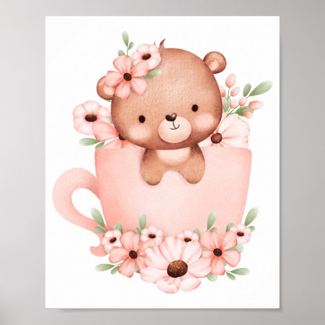 Sött rosa teddybjörn i en kopp med blommor  poster (Framsidan)