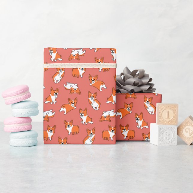 sött seriehusrått corgimönster röd bakgrund presentpapper (Baby Shower)