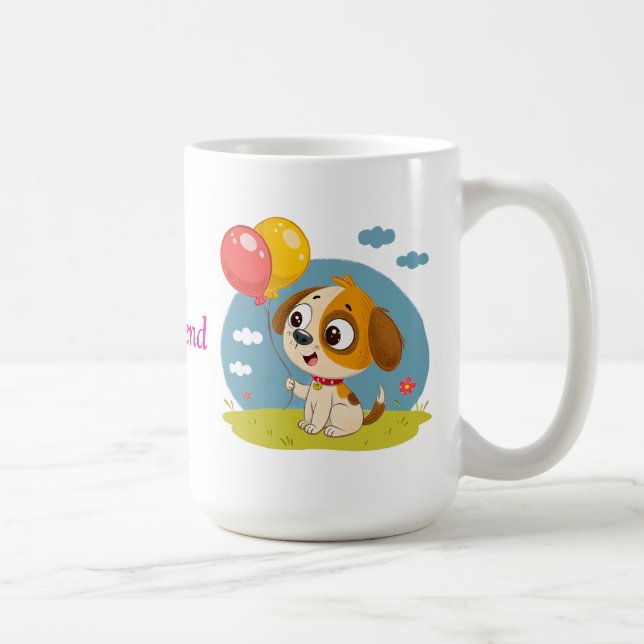 Sött serietecknat valp som håller ballonger kaffemugg (Höger)