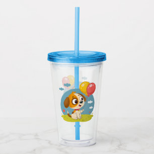 Sött serieteckning valp som håller ballonger take away mugg