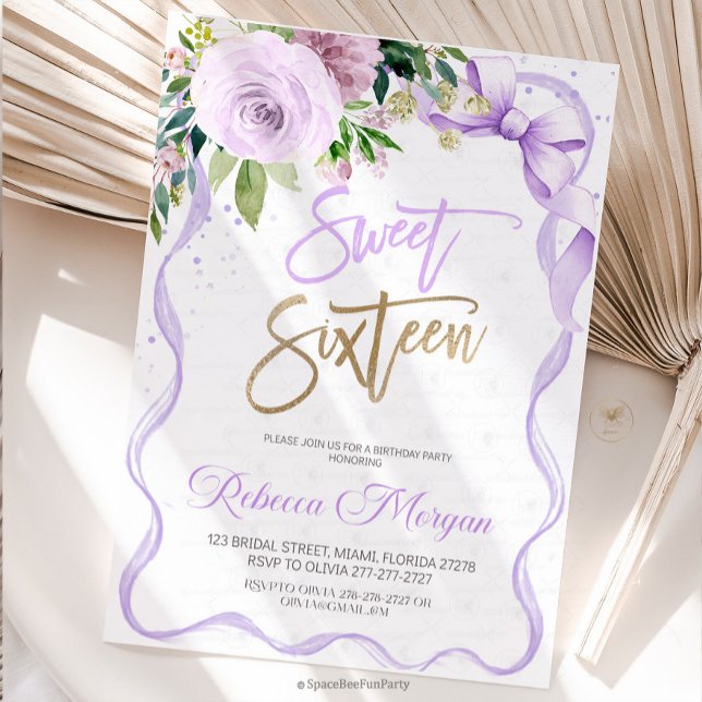 Sött sexton 16-årsdag spara datumet (Sweet Sixteen, Invitation Sweet ,16 Invite purple Bow ,Floral Watercolor, 16th Birthday ,Sweet Sixte)