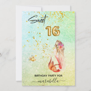 *~ SÖTT SEXTON 16 Ombre Mermaid Födelsedagsfest Inbjudningar