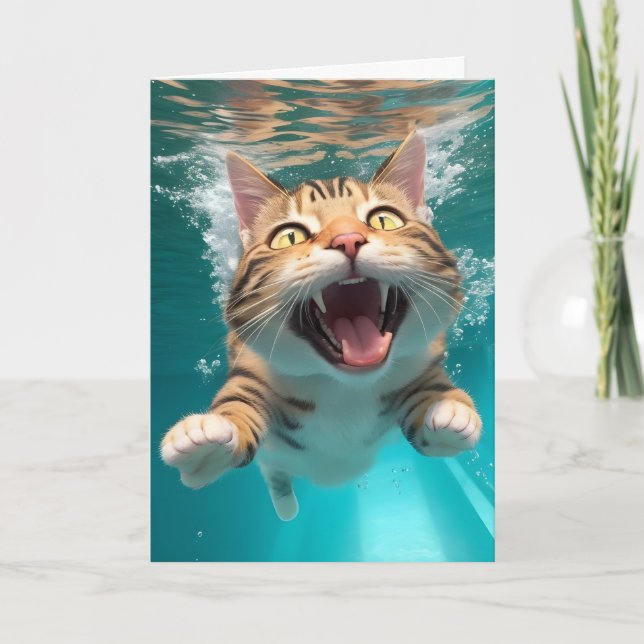 Sött simmande katt som dyker under vattnet i pool  kort (Framsida)
