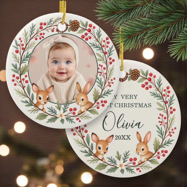 Sött skogs- babys första julminne julgransprydnad keramik (Skapare uppladdad)