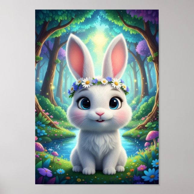 Sött skogskanin Haren Blomma Fantasyaffisch Poster (Framsidan)