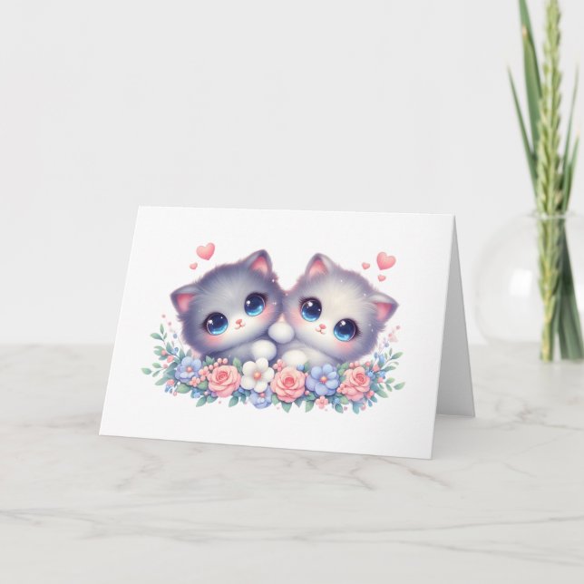 Sött Snuggly Kittel Duo Blommig Blank Julkort  Kort (Framsida)