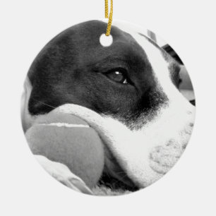 sött sorgset pitbull-hund svart vit med boll julgransprydnad keramik