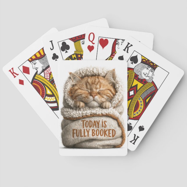 Sött sovande gingerkatt svöpt i filt casinokort (Baksidan)