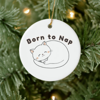 Sött Sövande Katt “Född att Sova” Linje Konst Desi Julgransprydnad Keramik