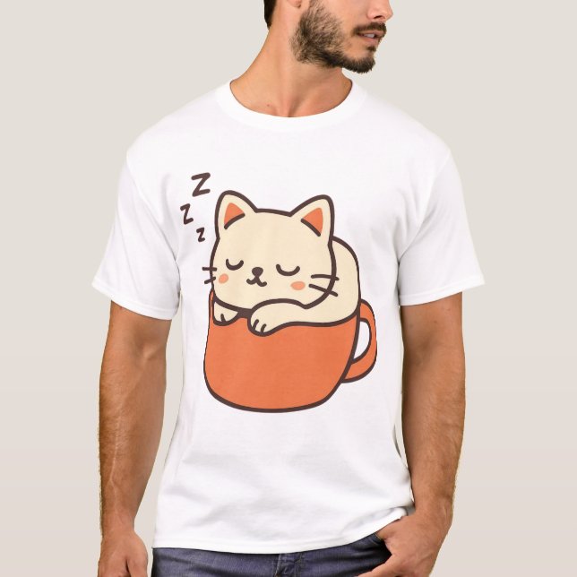 Sött sovande katt i kaffekopp t shirt (Framsida)