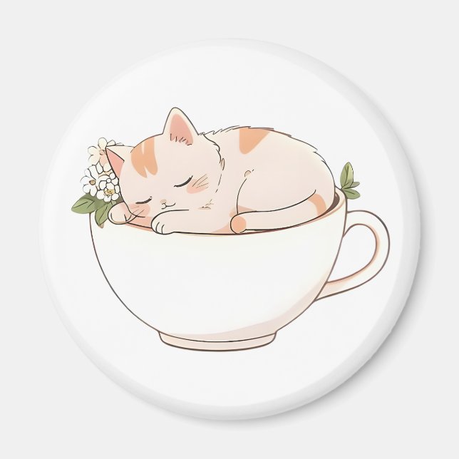 Sött sovande katt i tekopp Kawaii-design Magnet (Framsidan)