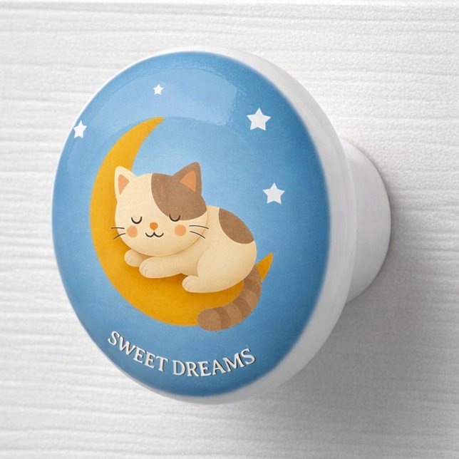 Sött sovande katt på månen Söta drömmar Knopp (Personalized nursery of child bedroom ceramic knob with cute kitten sleeping on the moon )