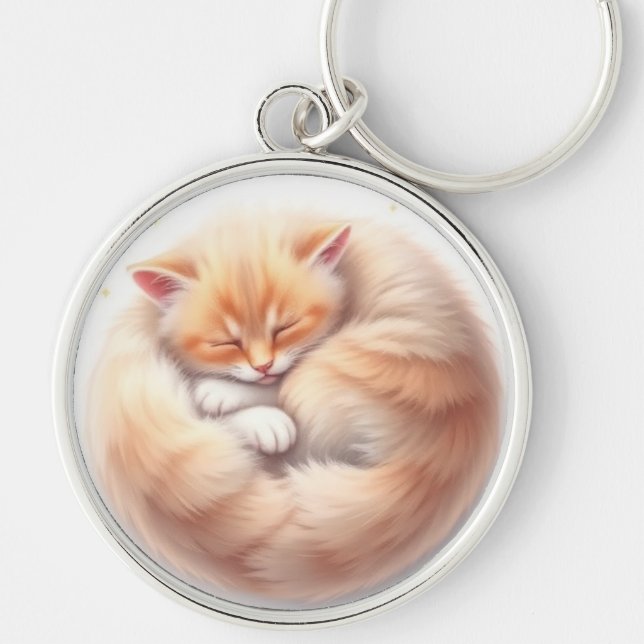 sött sovande katt rund silverfärgad nyckelring (Framsidan)