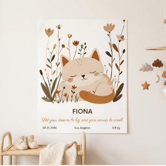 Sött sovande kattunge blommig barnkammarmotiv poster
