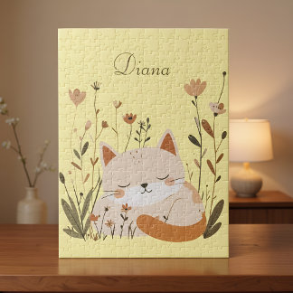 Sött sovande kattunge blomstergivare med eget namn pussel